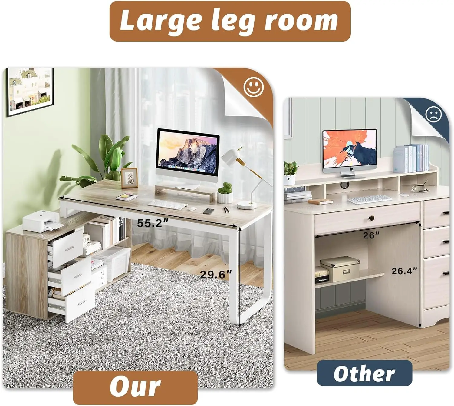 HOMBCK-L Shaped Computer Desk com gavetas, mesa removível, 3 gavetas e prateleiras de armazenamento, Home Office, 55 "Grande