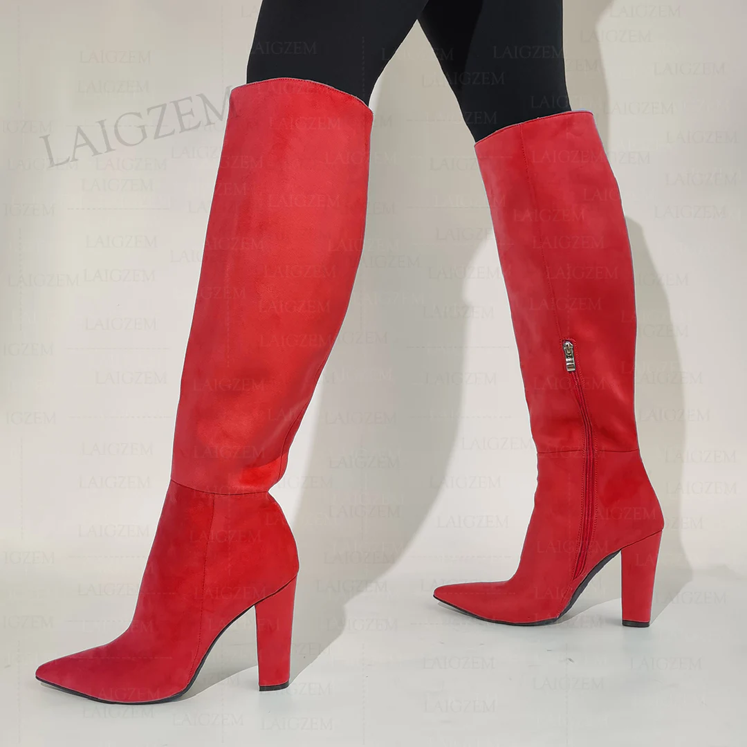 

LAIGZEM Women Knee High Boots Faux Suede Side Zip Pointed Toe Thick High Heels Boots Ladies Shoes Woman Big Size 39 41 45 47