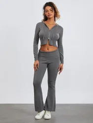 Women’s Two Piece Outfits Slim Set Long Sleeve Zip Up Cropped Hoodie and Bootcut Pants Set Solid Color Tracksuits y2k Loungewear