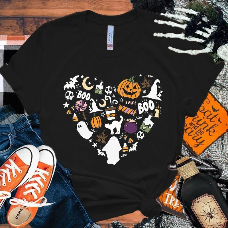 Women's Halloween Costume Boo Pumpkin Love T-shirt Men's and Women's T-shirt Role Playing Costume Street Wear T-shirt Top