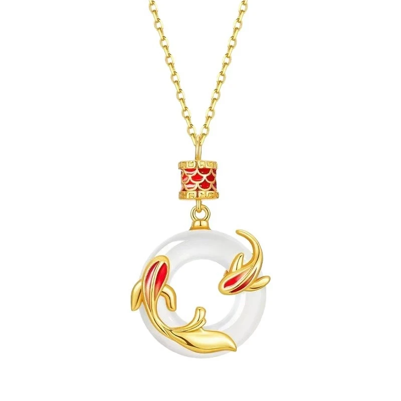 Creative Koi Peace Buckle Necklace for Women High Grade Jade Marrow Clavicular Chain Fashion Versatile Double Fish Necklaces