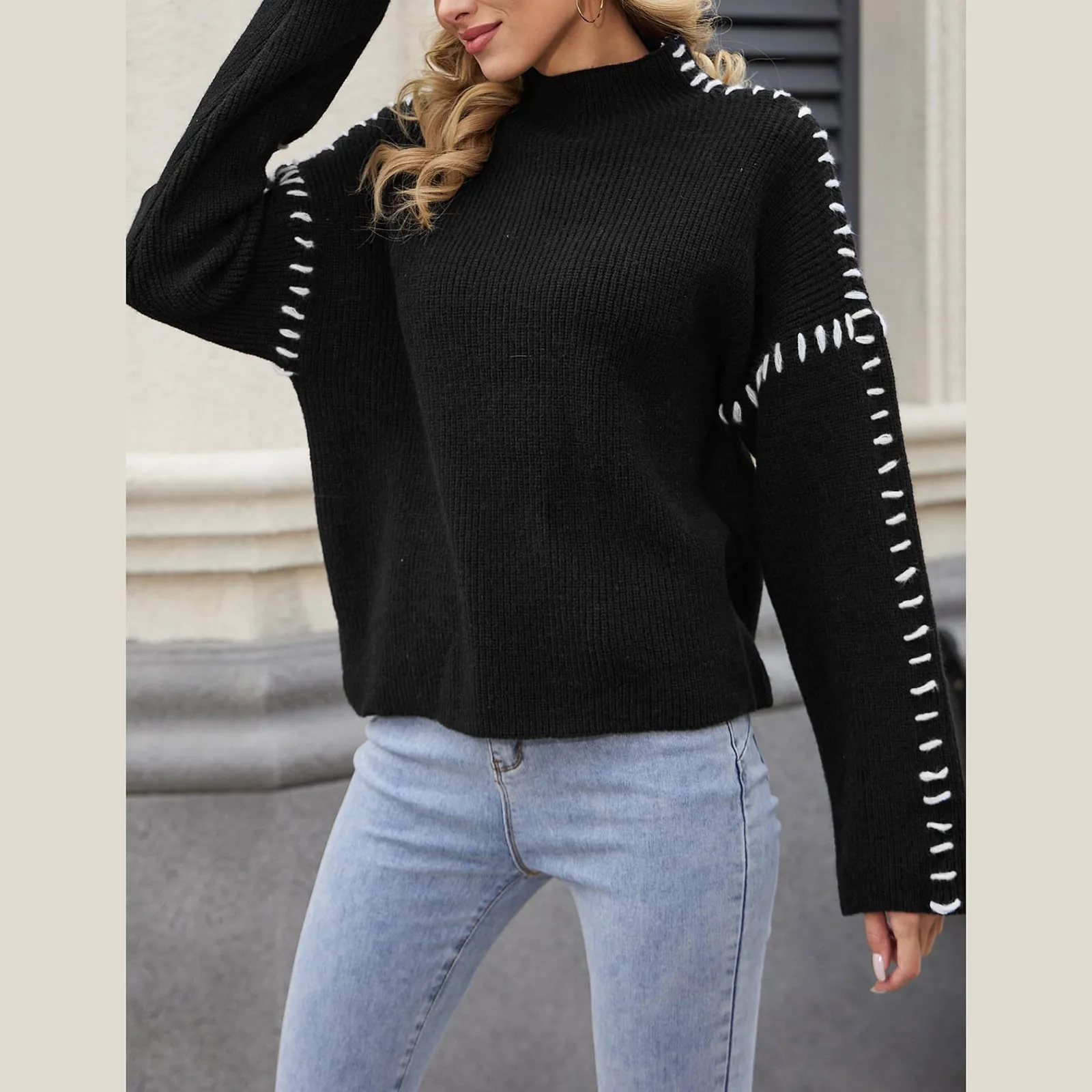 Women\'s Fashion Fall And Winter Turtleneck Sweater Contrast Color Stitching Chunky Long Sleeve Knit Sweater Pullover Top