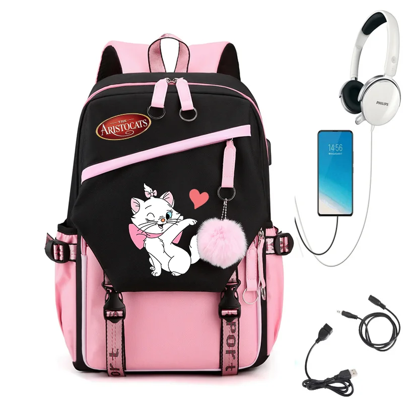

Школьный рюкзак Aristocats Marie Cat с зарядкой через USB, мужской и женский студенческий рюкзак, школьная сумка с героями мультфильмов в стиле аниме Mochila