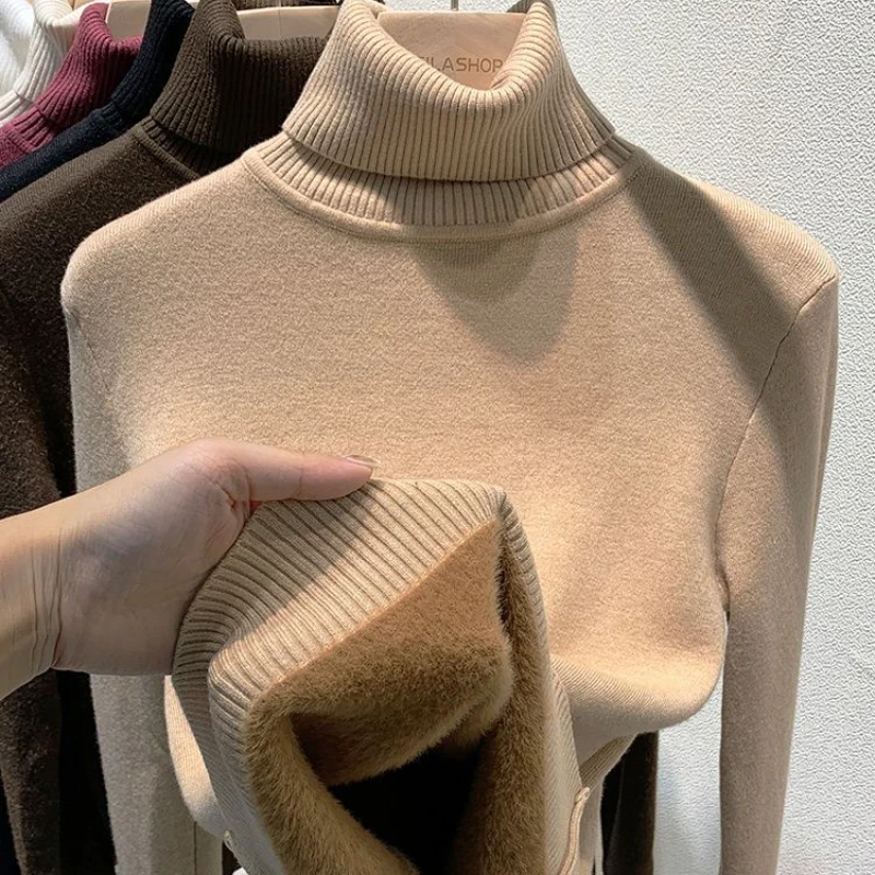 

Winter Turtleneck Imitation Mink Thicken Sweater Women Casual Warm Plush Lining Knit Tops Add Velvet Bottomed Blue Pullover 2023