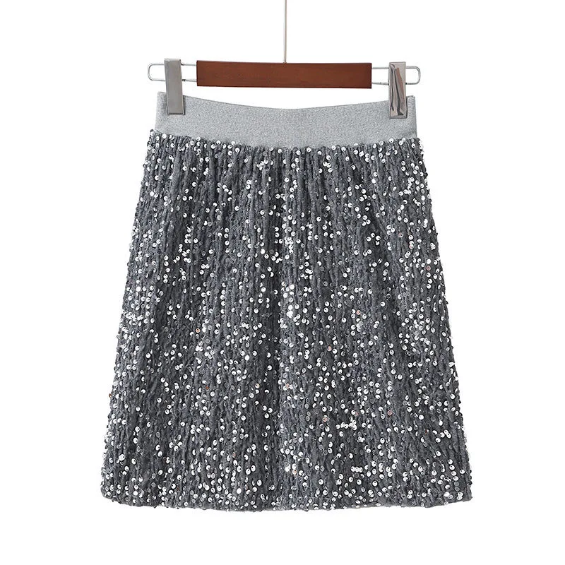 Elegant Fashion Harajuku Slim Fit Female Clothes Loose Casual All Match A-line Skirt High Waist Skirts Sequins Hip Wrap Skirt