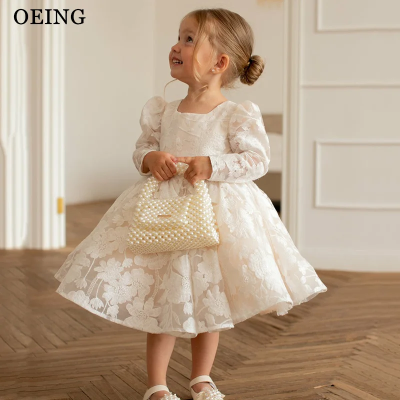 

OEING Vintage A-Line Flower Girl Dress Ivory Lace Puff Sleeves Pearls Wedding Party Dress Knee Length Birthday Dress Customized