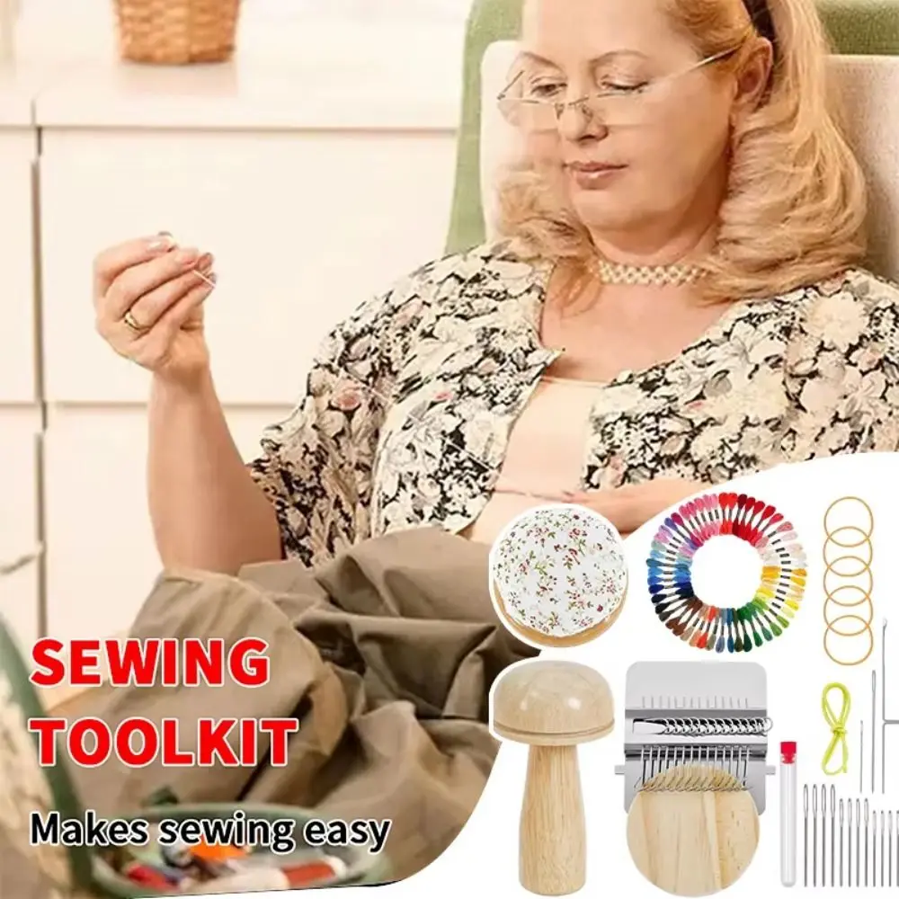 

Набор для ремонта носков своими руками: портативный инструмент для вязания и штопки в форме яйца/гриба, 50 цветов ниток, деревянная подставка