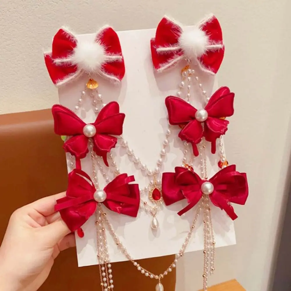 Pearl Chain Tassel Red Bow Hair Clip New Year Head Wear Plush Ball Hairpin Fringe Tang Suit Hair Clip Princess Forehead Chain