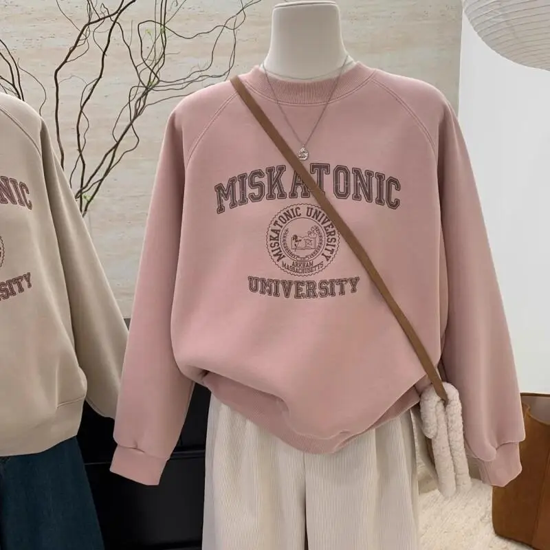 

Модный свитшот с круглым вырезом из смесового хлопка для женщин, многослойный, стильный, новинка ранней весны, повседневный, однотонный, в стиле Харадзюку, худи