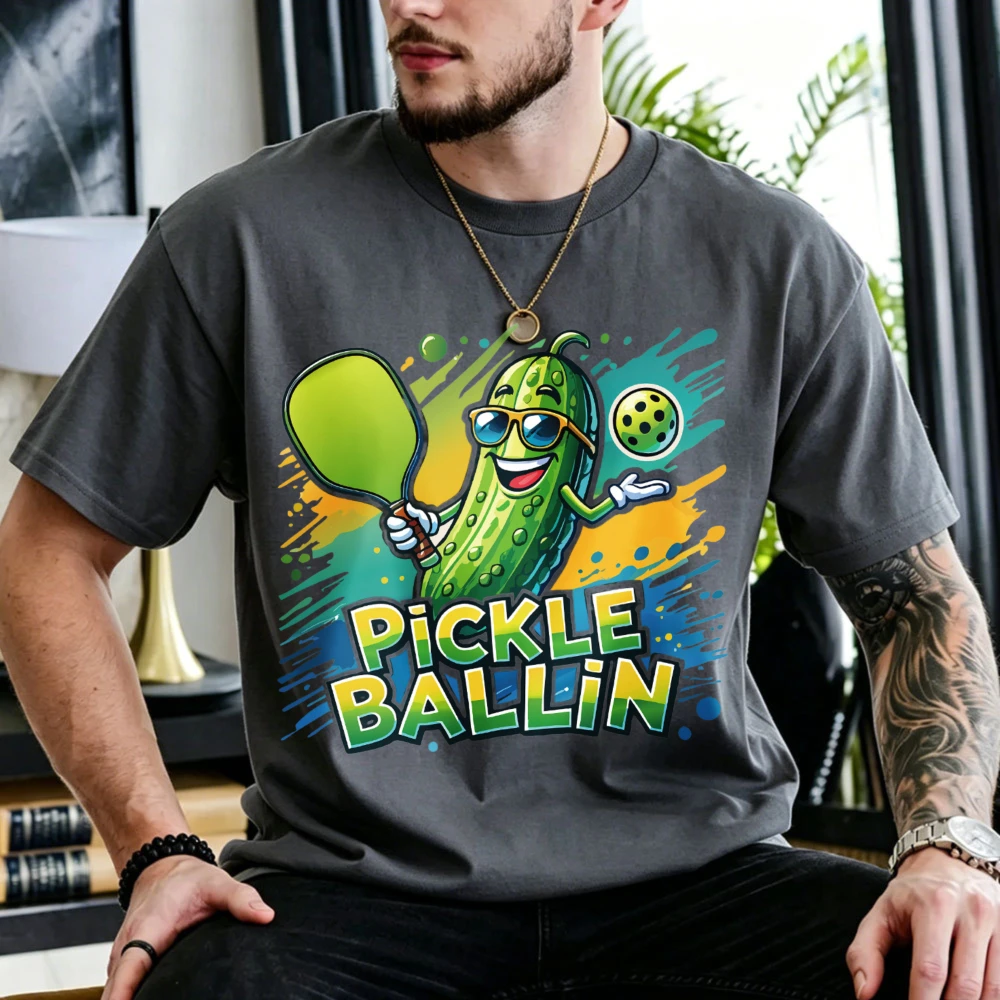 Cool Cartoon Sunglasses Pickle Pickleball Graphic Cotton Tshirt Pickle Ballin Splash Paint Print Unisex Sports Lover Outdoor Top