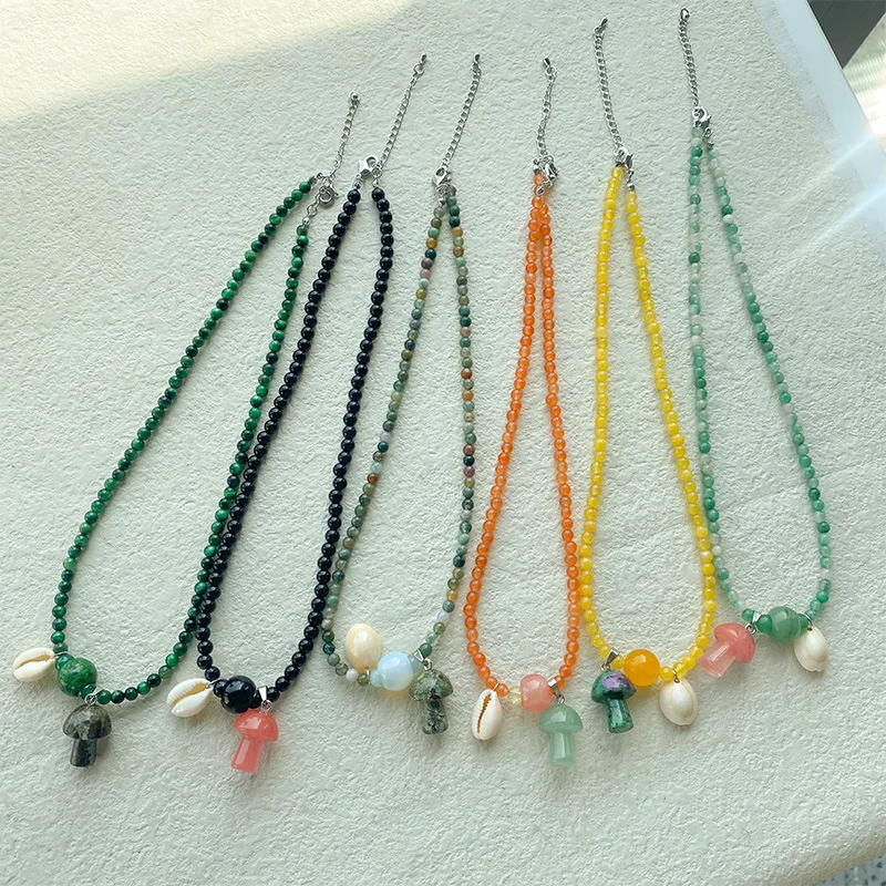 Colored stone mushroom shell pendant necklaces for women real stone beaded necklace summer beach outer banks jewelry