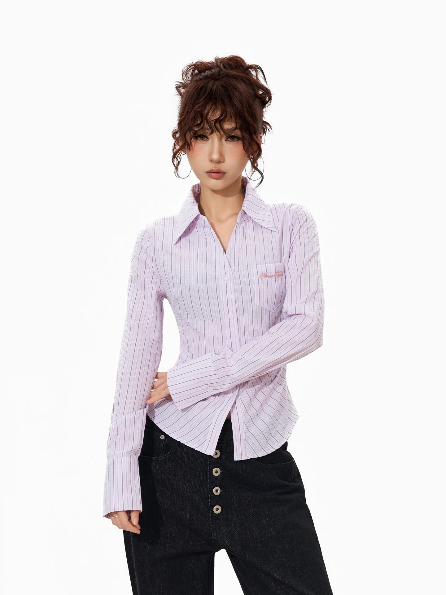 

S3T5 Color Blo Stripe Pleated Waist Cinching oulder Women's irt Spring American Hot Girl Pink ort Slim Fit ort Top