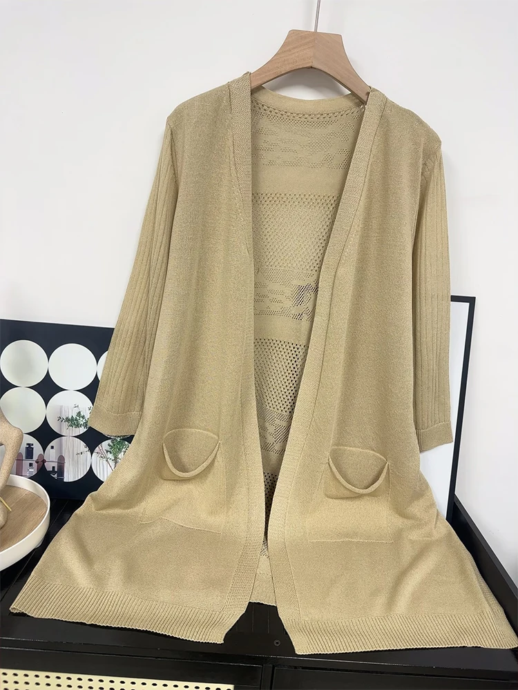 

High Quality Ice Silk Medium Length Knitted Cardigan for Women's Summer Outerwear Shawl Loose Sun Protection Jacket Top