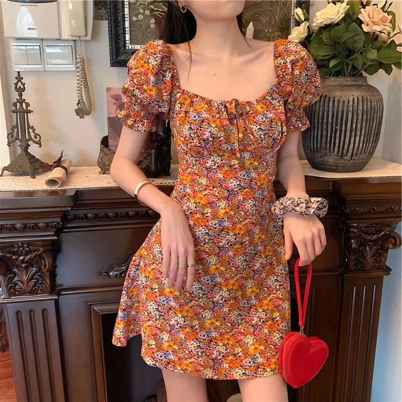 Cottagecore Dress 2024 Summer Vintage Dresses with Draw String Women Puff Sleeve Floral Slim Plus Size Short Sleeve Bodycon New