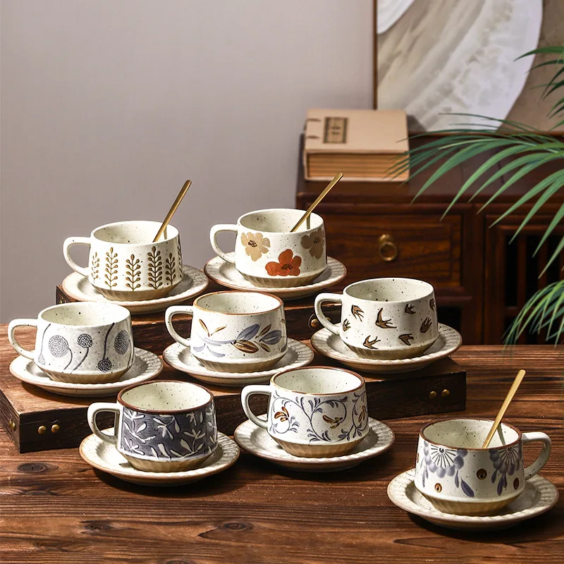 

Retro Coffee Cup Hand-painted Flower Coffee Mug Milk Tea Ceramic Cups Japanese Mugs with Spoon Handle Latte Drinkware For Cafe
