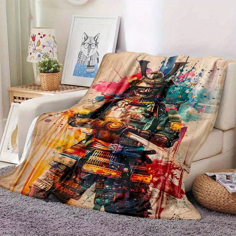Vintage Paper Background Samurai With Katana Sword Ink Splash Pattern Flannel Fleece Blanket Warm Plush Bed Throw Living Room