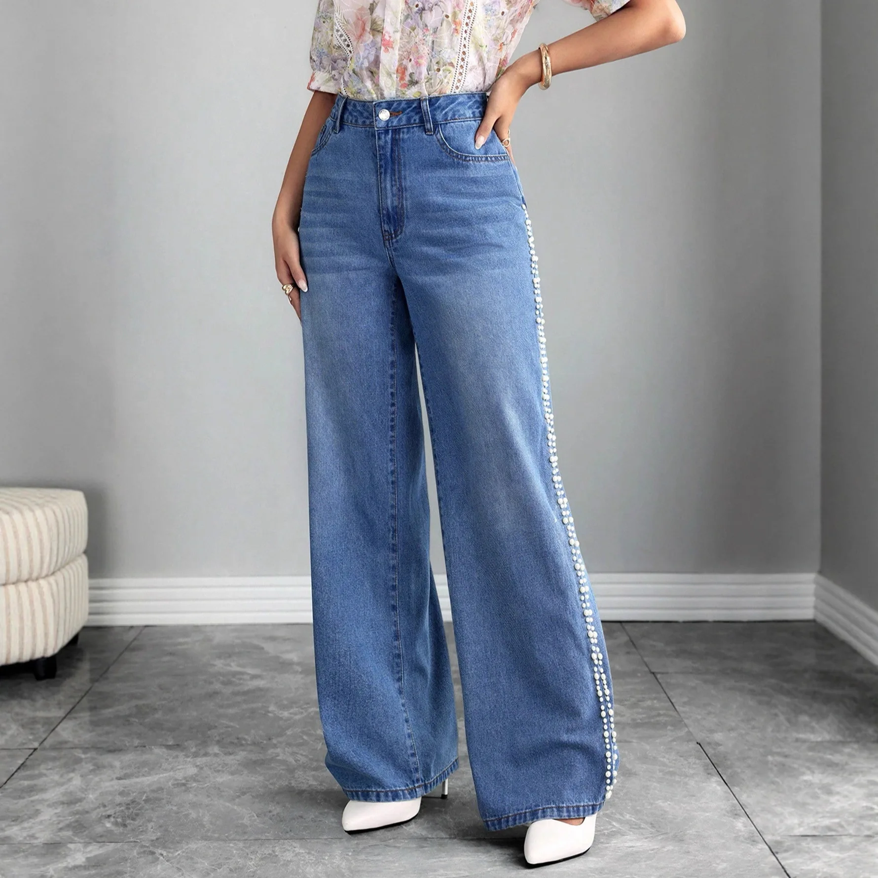 Herfst nieuwe damesjeans parelkant losse rechte denimbroek baggy jeans