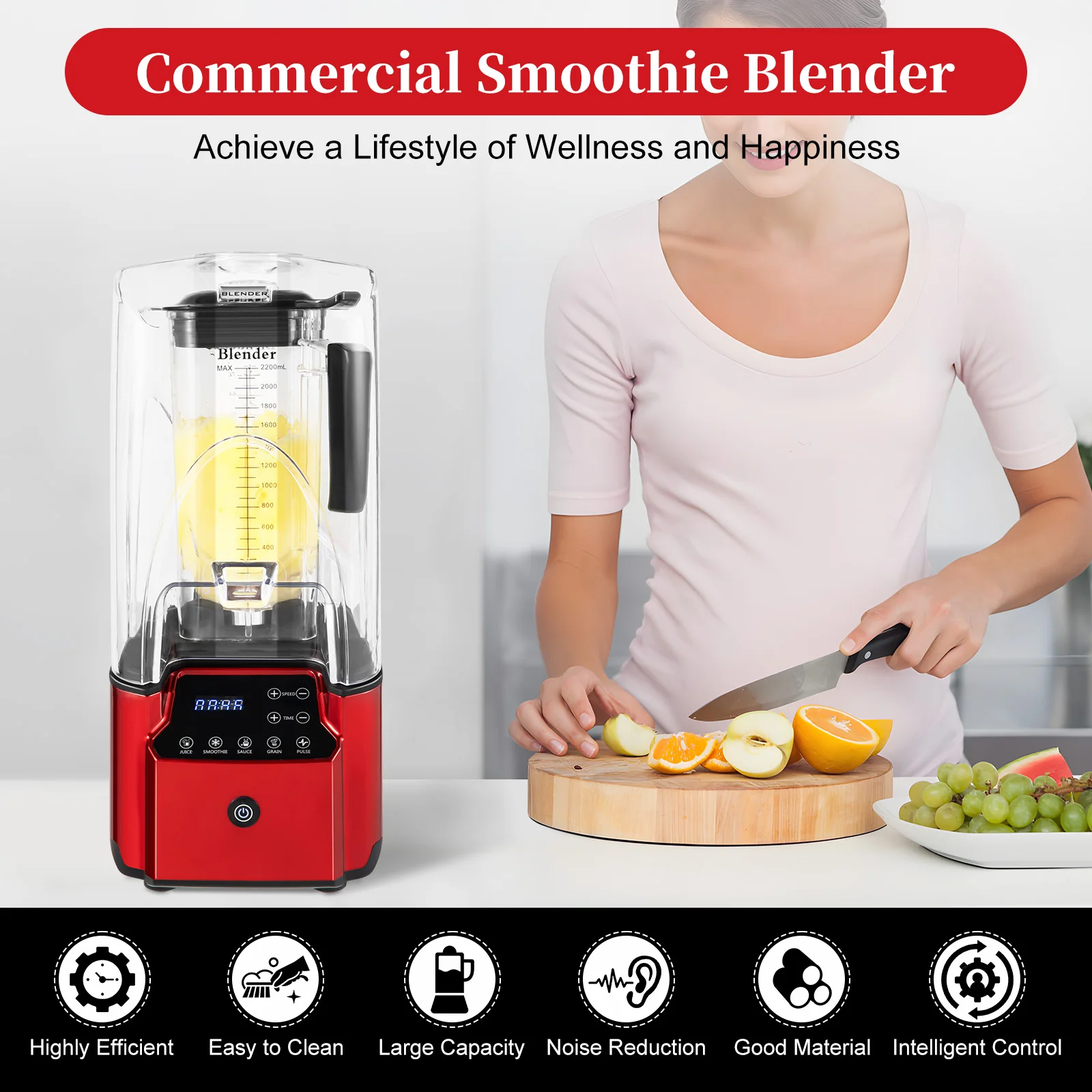 LOYALHEARTDY 2.2L Soundproof Blender 2200W Commercial Smoothie Maker Countertop Blender Fruit Juicer Mixer Ice Crusher Red