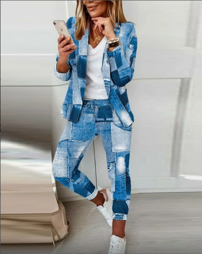 Elegant 2-piece sets for women autumn&winter commuting fashion printed collar jacket casual pants set elegant women's suit set