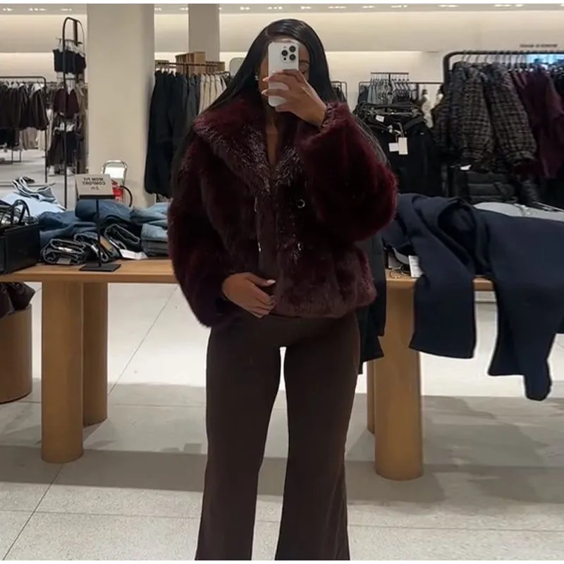 Elegant PU Fur Patchwork Jacket Women Loose Detachable Collar Lapel Double Breasted Jackets Female Fashion Winter Warm Outwear