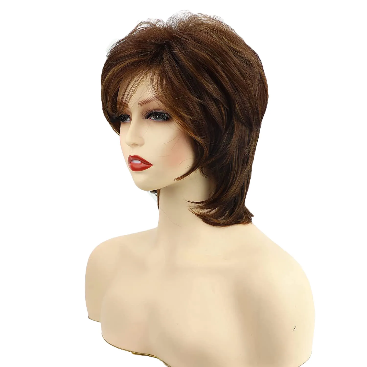 Synthetic Women\'s Short Brown Pixie Haicut Wig with Bangs Fluffy Layered Hairstyle Female Natural Wig Lady Mommy Wigs