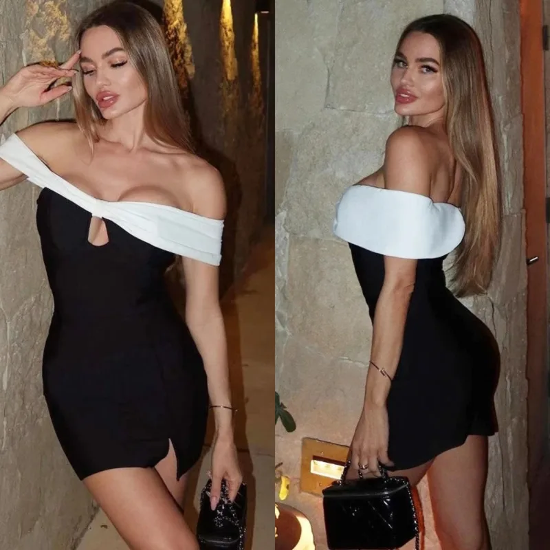 

Sexy Hollowed Out Slim Fit Hip Hugging Dress New Fashion Color Contrasting Women Party Dress One Shoulder Strapless Short Dress