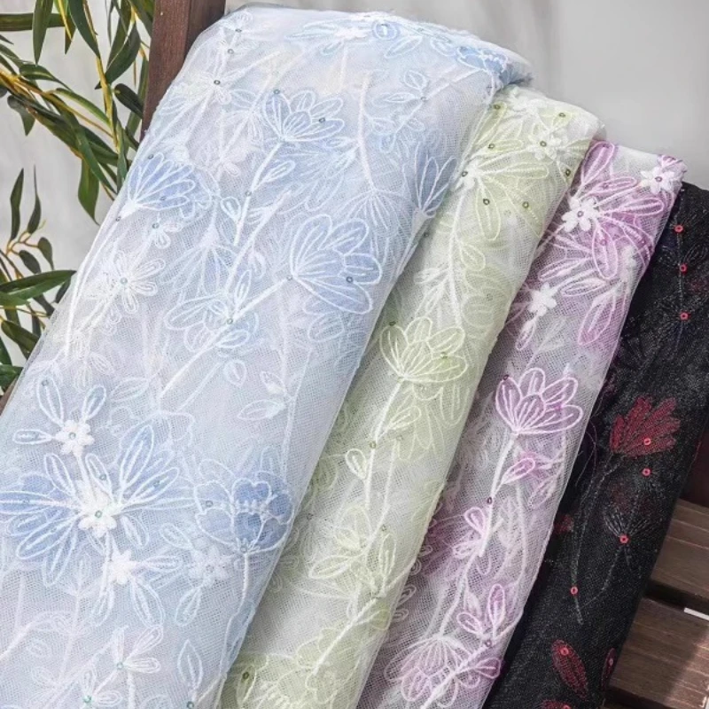 

Вышитая кружевная тюлевая ткань с блестками-тюльпанами для женских вечерних платьев, дизайнерская ткань во дворе