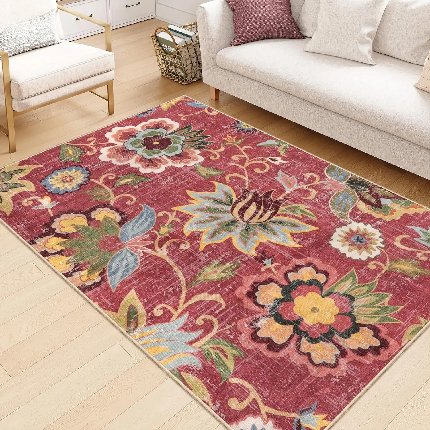 Floral Washable Rug for Living Room, Lightweight Rugs,Paisley Print Vintage Large Burgundy Rug for Bedroom Non Slip Carpet for