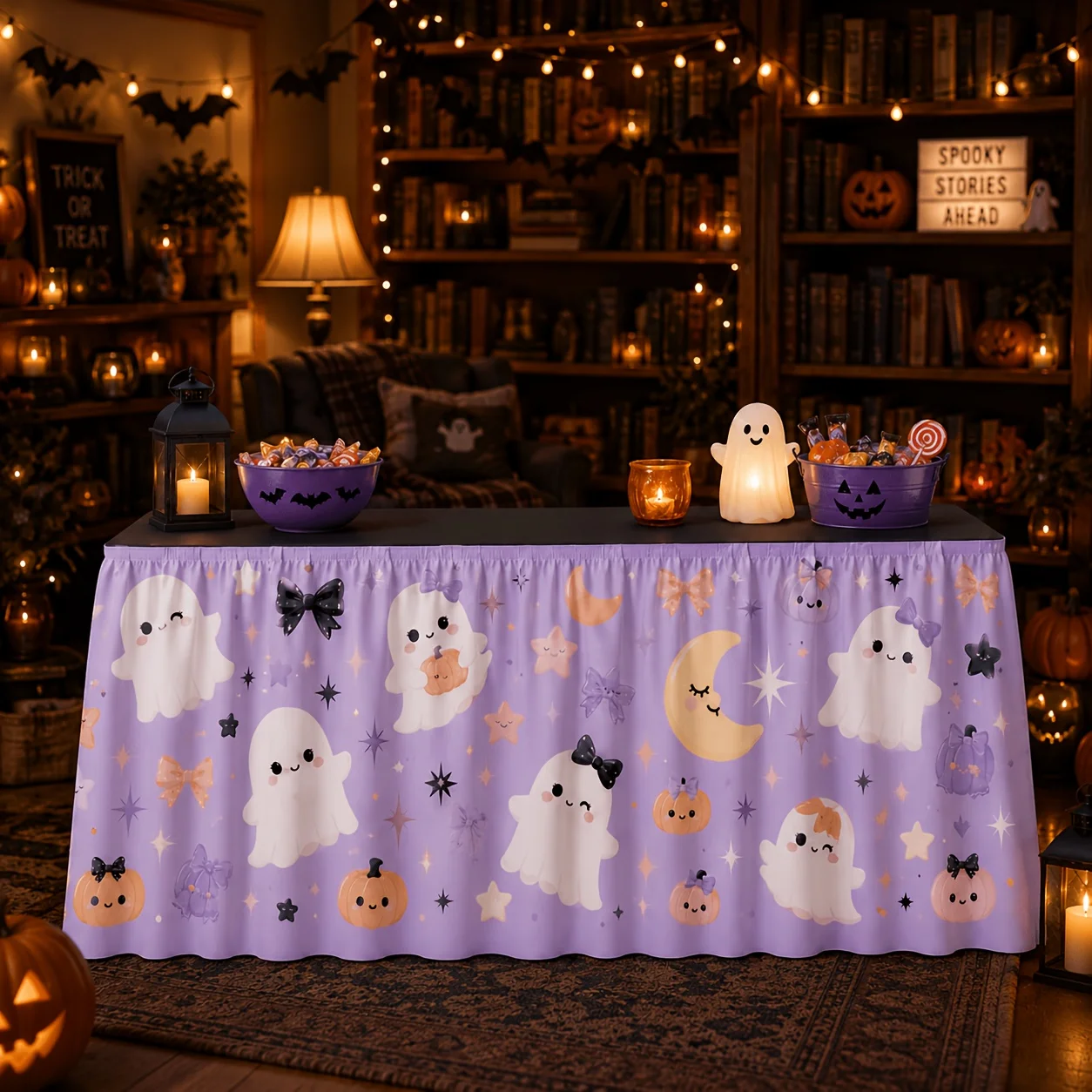 One tablecloth or table skirt - Macaron purple Halloween table skirt - Cute ghost-style bow knots