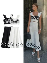 TRAF Women's One Neck Camisole Top High Waist Half Skirt Set Geometric Print Pattern Design Top Long Skirt Two Piece Set