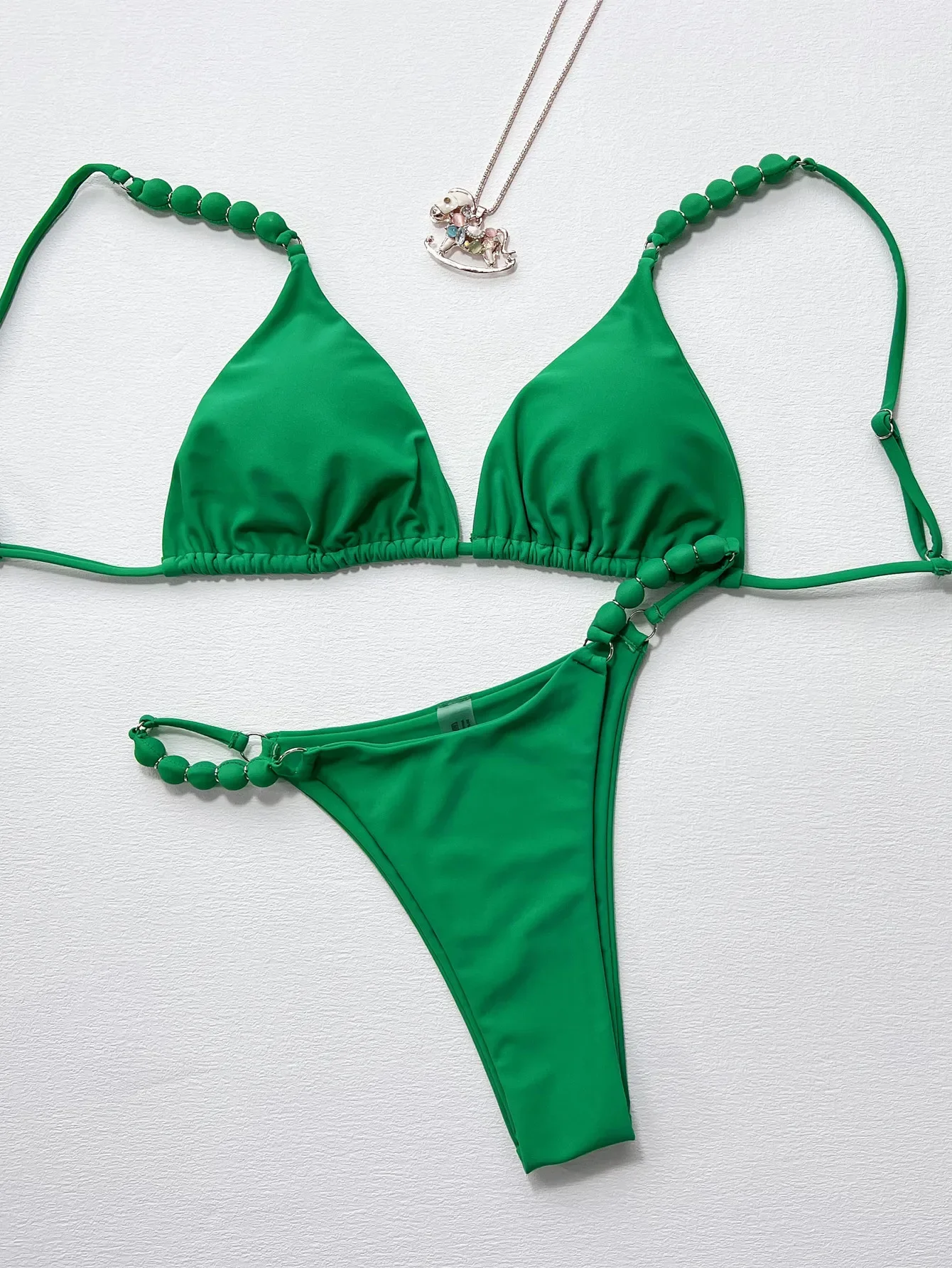Solido Verde Costumi Da Bagno 2023 Donne Catena di Perline Due Pezzi Bikini Della Bretella Estate Brasiliana Perizoma Spiaggia Costume Da Bagno Monokini XMC880R