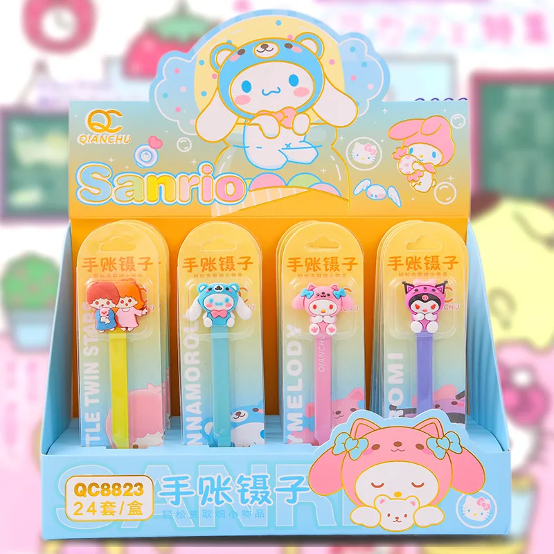 24pcs Sanrio Hand Account Tweezer Kuromi Cinnamoroll Melody Handmade Diy Sticker Tweezers Tools Elbow Clip Stationery Supplies