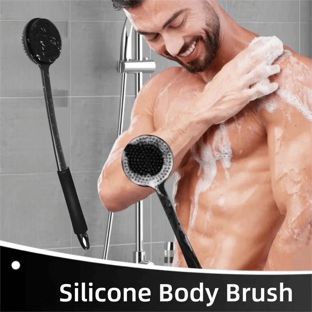 Long Handle Silicone Body Brush Soft Bristles Double-Sided Bath Back Scrubber with Hanging Hole Deep Cleansing