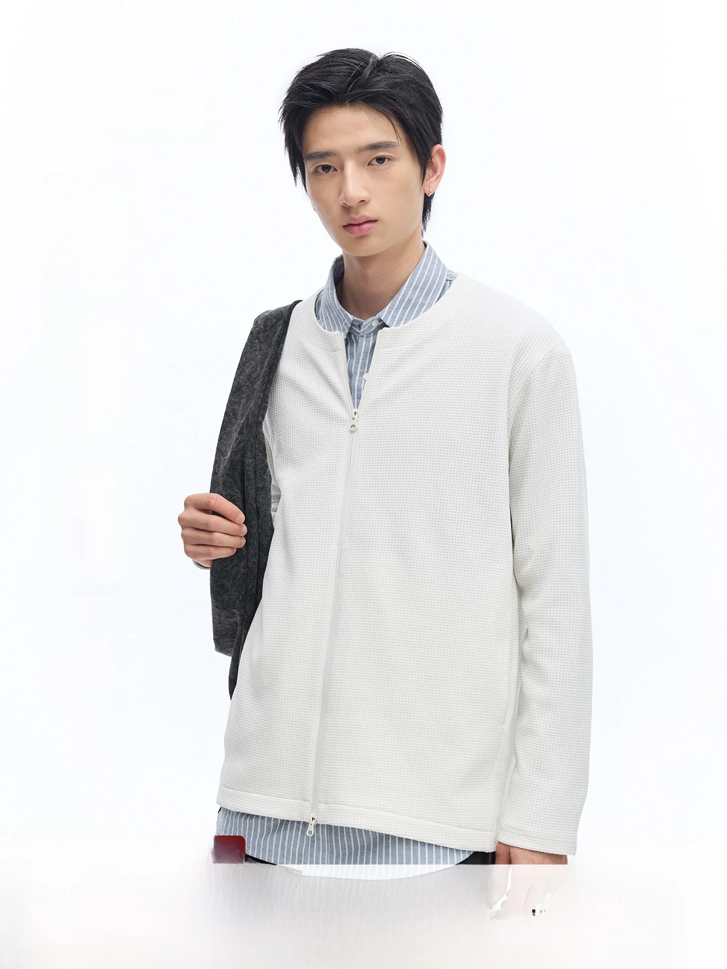 

Lightweight Loose Casual round Neck Men's Jacket White Trace Spring SOLOTEX Gauze Open Cardigan Breathable Outerwear