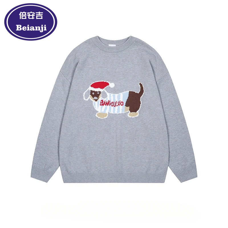 Beianji fuzz dress Christmas style fun dog men and women fall/winter vintage hiphop fashion brand loose pullover knitwear