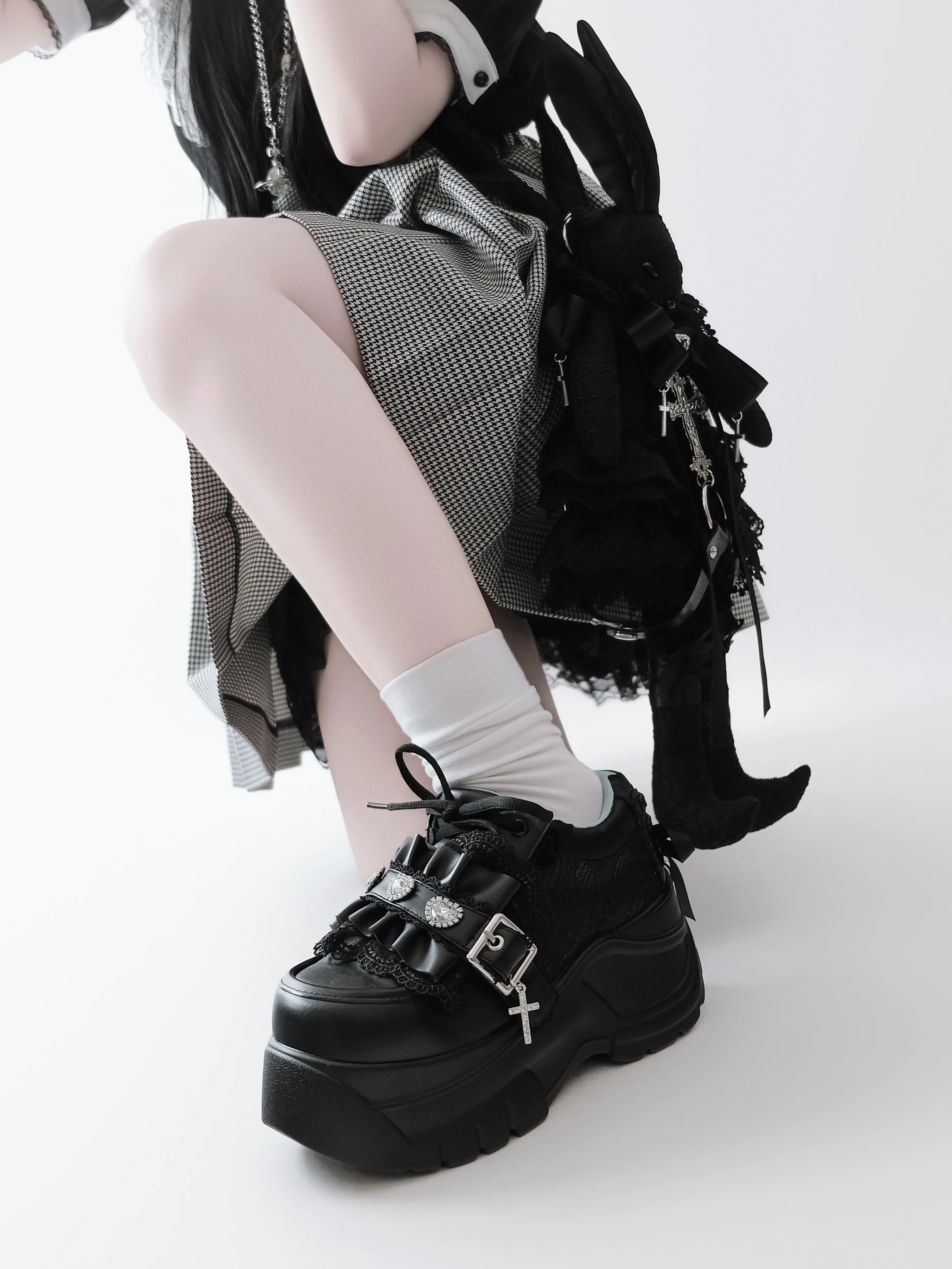Original Subculture Japanese Platform Shoes Autumn and Winter 2025 Mine Love Rhinestone Sweet Cool Jk Lace-up Shoes Y2k Pumps