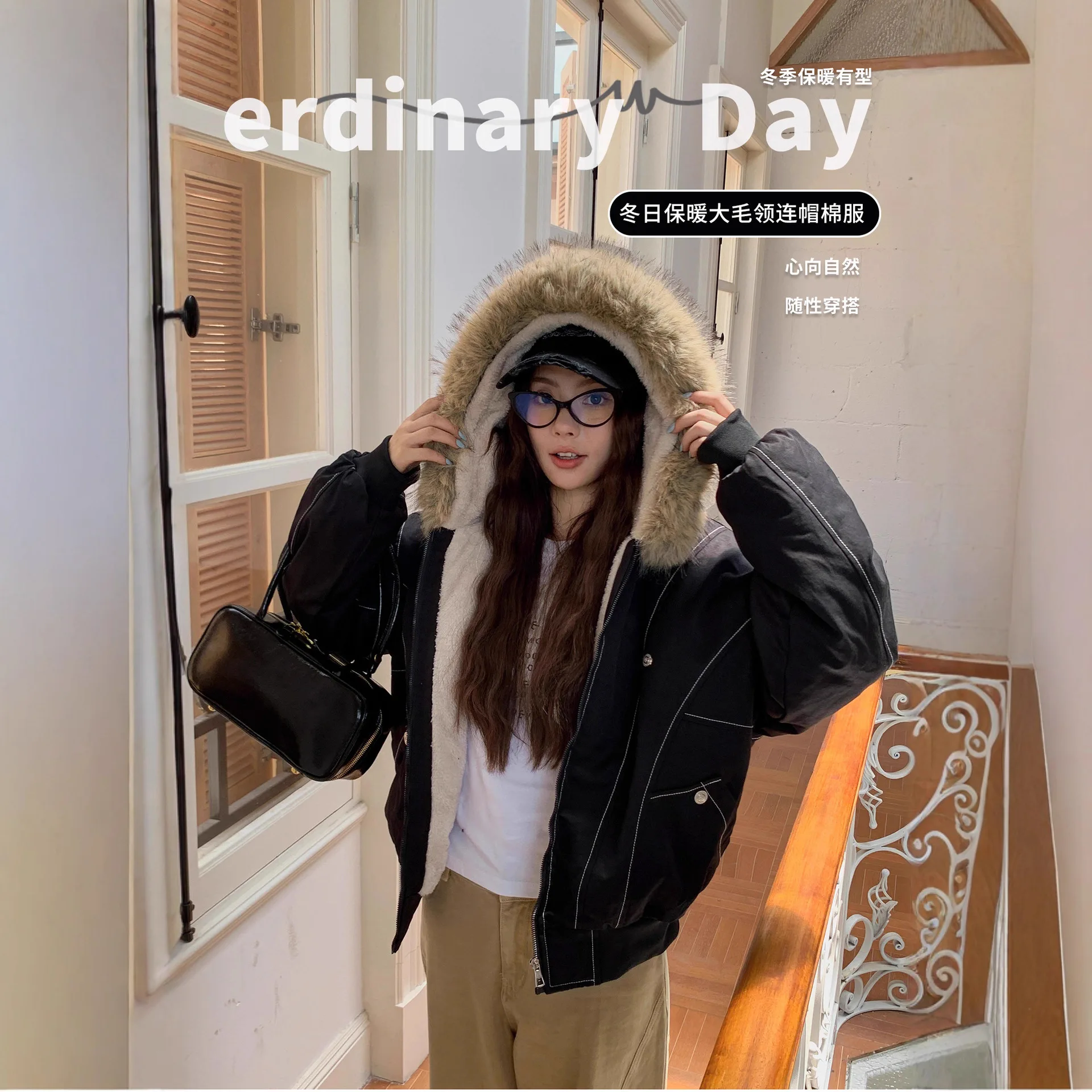 

2025 Winter Men Fur Hood Parka Eagle Embroidery American Vintage Loose Thick Cotton Padded Coat Streetwear