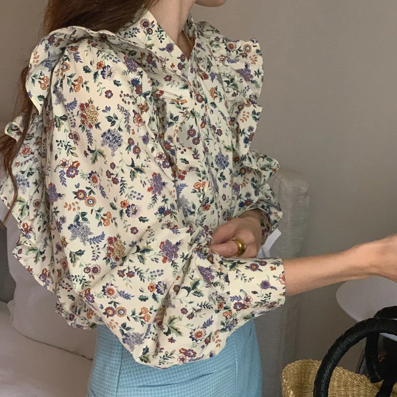 Elegant Vintage Floral Print Long Sleeve Blouse for Female Spring Women\'s Clothing Fashion Korean Ruffles Stand Collar Shirt