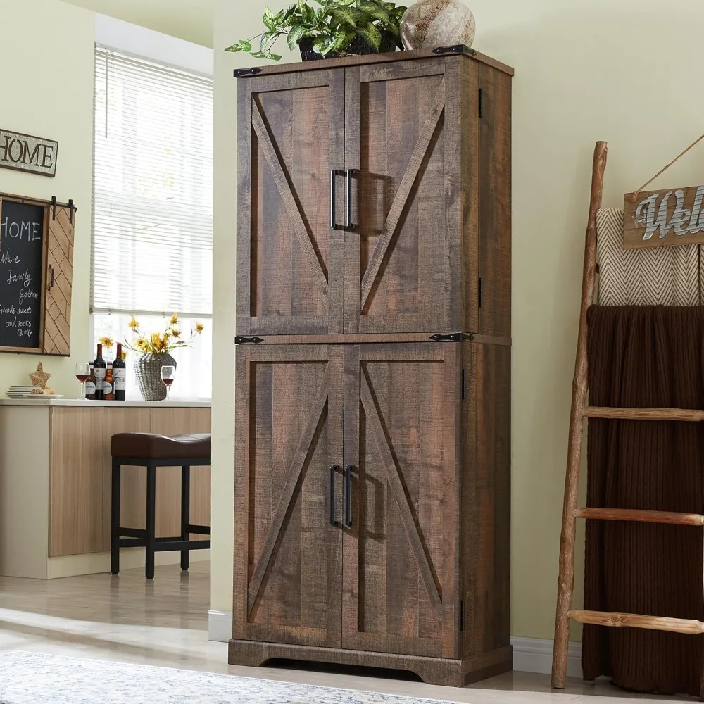 

Rustic Tall Kitchen Pantry Cabinet with Barn Doors, Storage Organizer, Drawers, and Adjustable Shelves