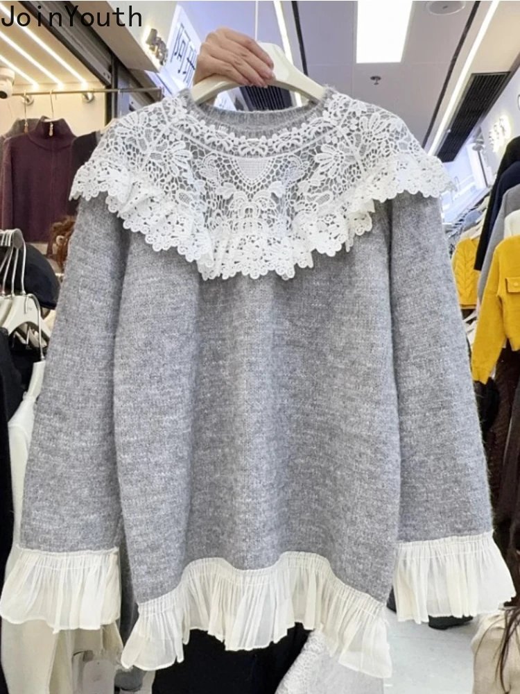 2424 Women Clothing Sweet Pullovers Lace Peter Pan Collar Long Sleeve Jumper Fashion Vintage Knitted Sweater Korean Sueter Mujer