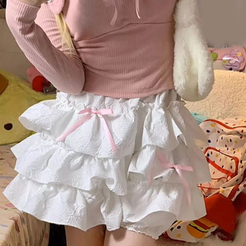 Sweet Bowknot Layered Ruffle Frilly Cake Shorts Japanese Women Casual Safety Shorts Wide Leg Ruched Pettipants Knickers