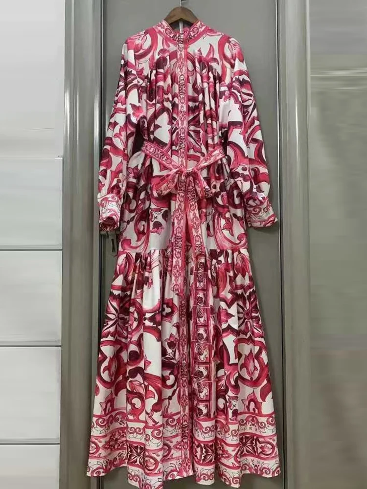 

2025 Autumn Women's Multi color Retro Geometric Printed Stand up Collar Single breasted Strap Waist Loose Large Swing Puff Dress