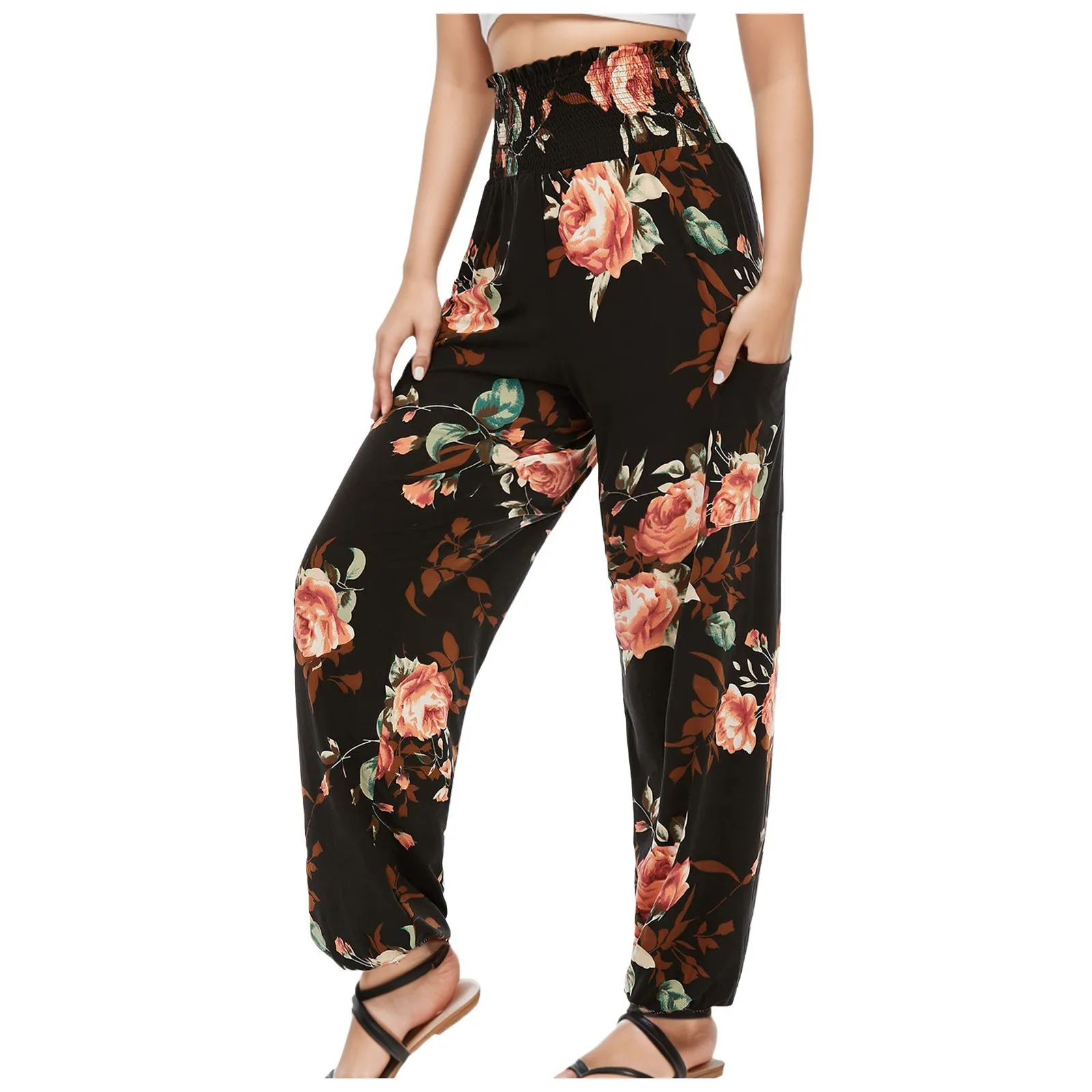 

2024 Women'S Summer Cropped Pants Casual High Waist Printed Baggy Pants Fashion Elegant Women Wide Leg Trousers Female Bottoms