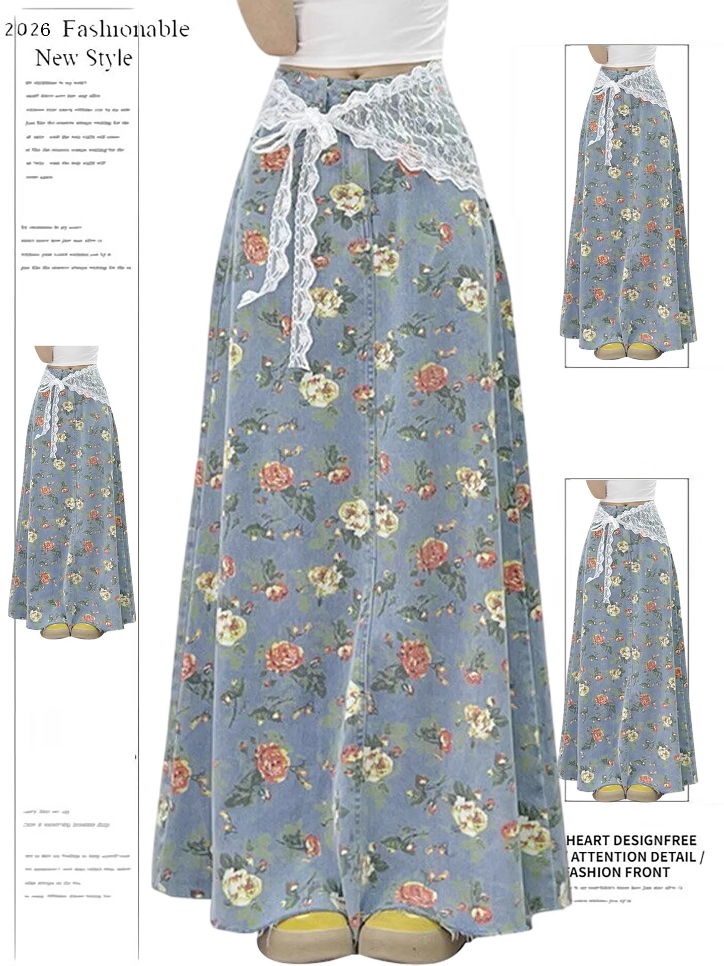 

Ретро-юбка из денима с американским синим цветочным принтом, женская, весна-лето, свободного кроя, с высокой талией, А-силуэт, длинная