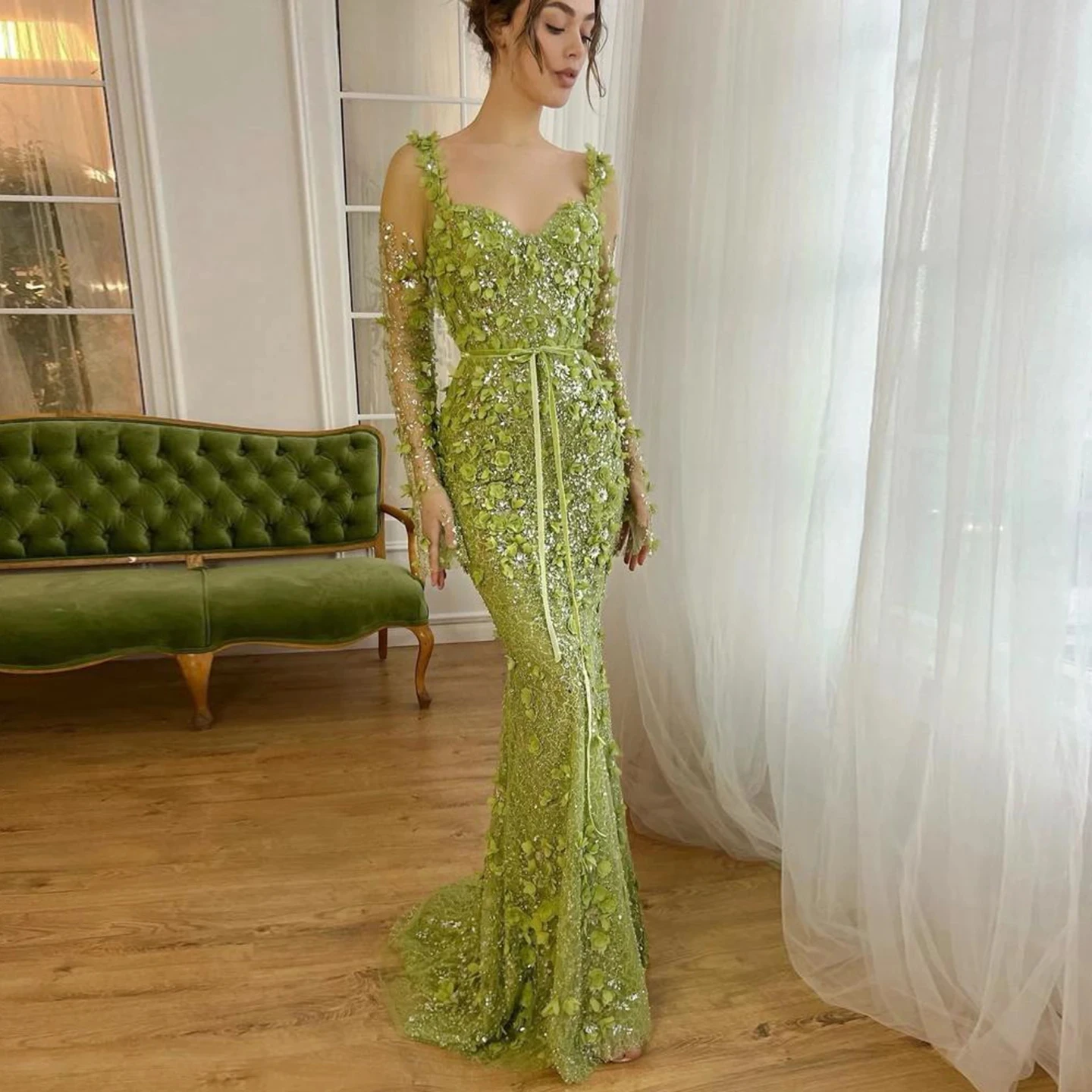 

Fashion Lime Green Evening Formal Dress Scoop Long Sheer Sleeves 3D Floral Lace Beads Prom Pageant Party Gowns Robe De Soiree