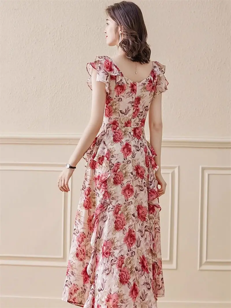 Abito floreale unico e bello per donna Abito estivo modesto dimagrante stile medio-lungo per le vacanze al mare G1252