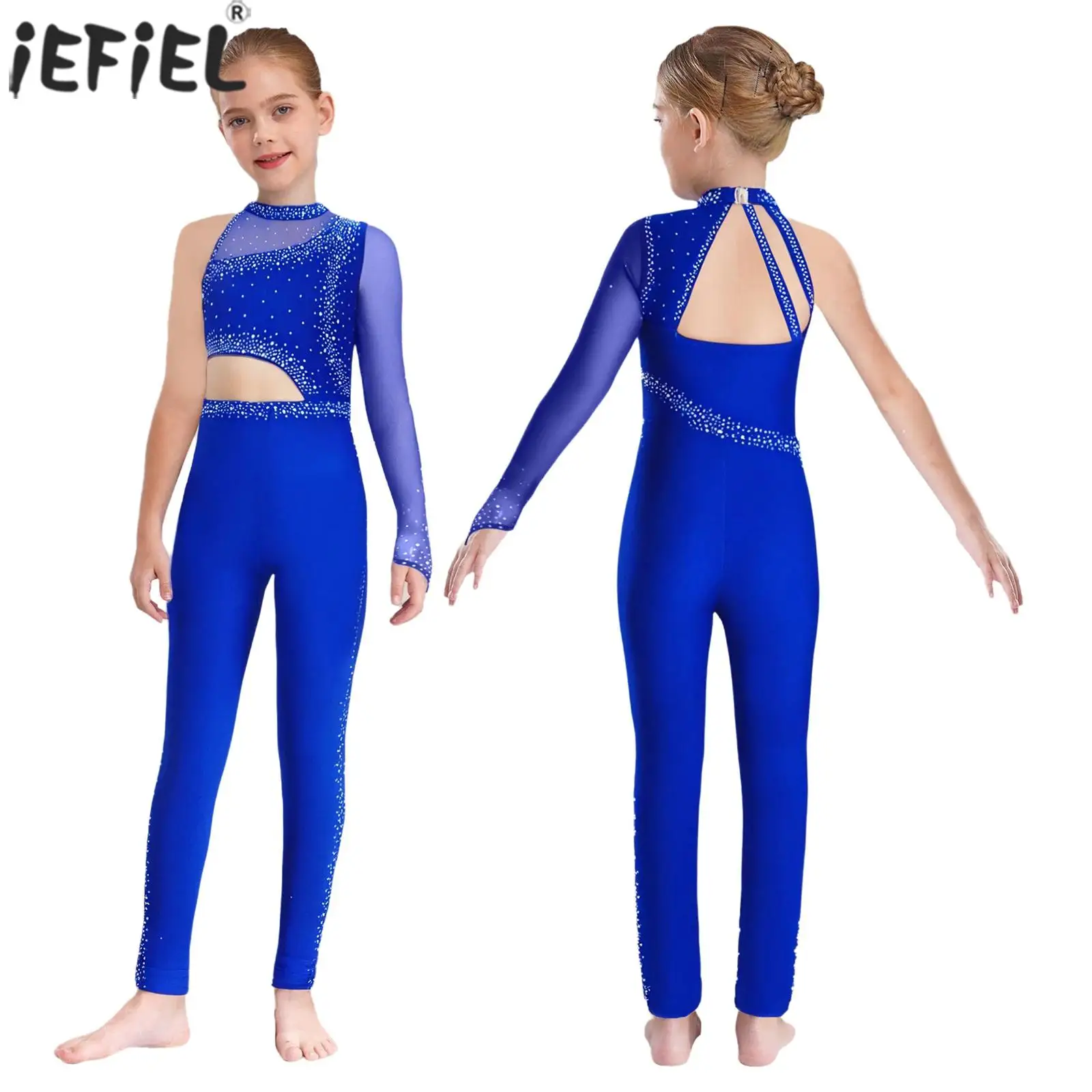 Kid Girls Gymnastics Figure Skating Jumpsuit Shiny Rhinestones Sheer Mesh Ballet Dance Leotard Acrobatics Yoga Workout Dancewear