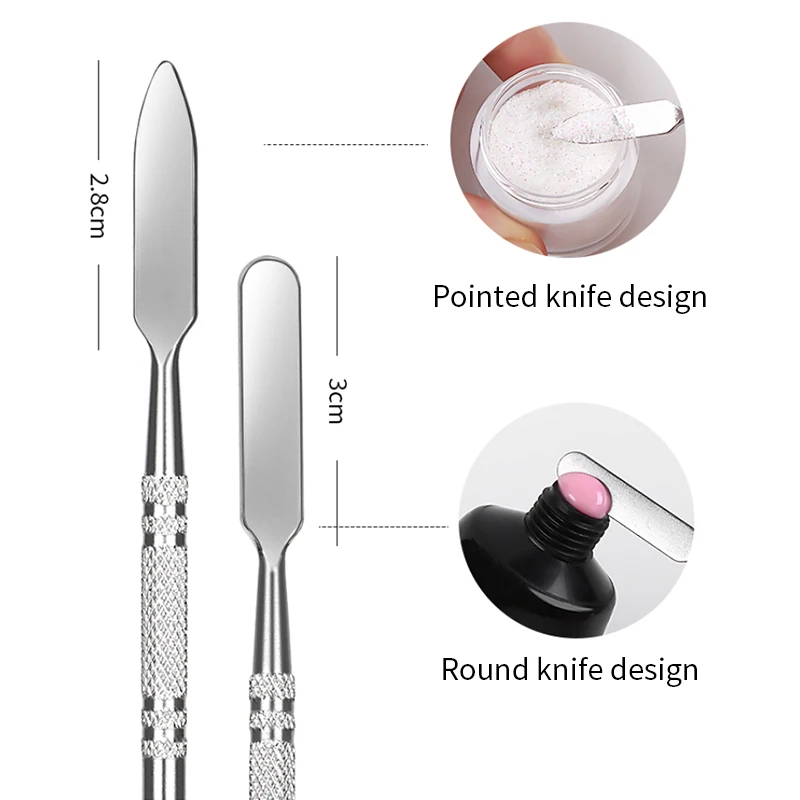 Cepillo de uñas de doble cabezal de acero inoxidable, palo de eliminación de pegamento de extensión, espátula de eliminación de Gel, herramienta de eliminación de inmersión de esmalte de uñas