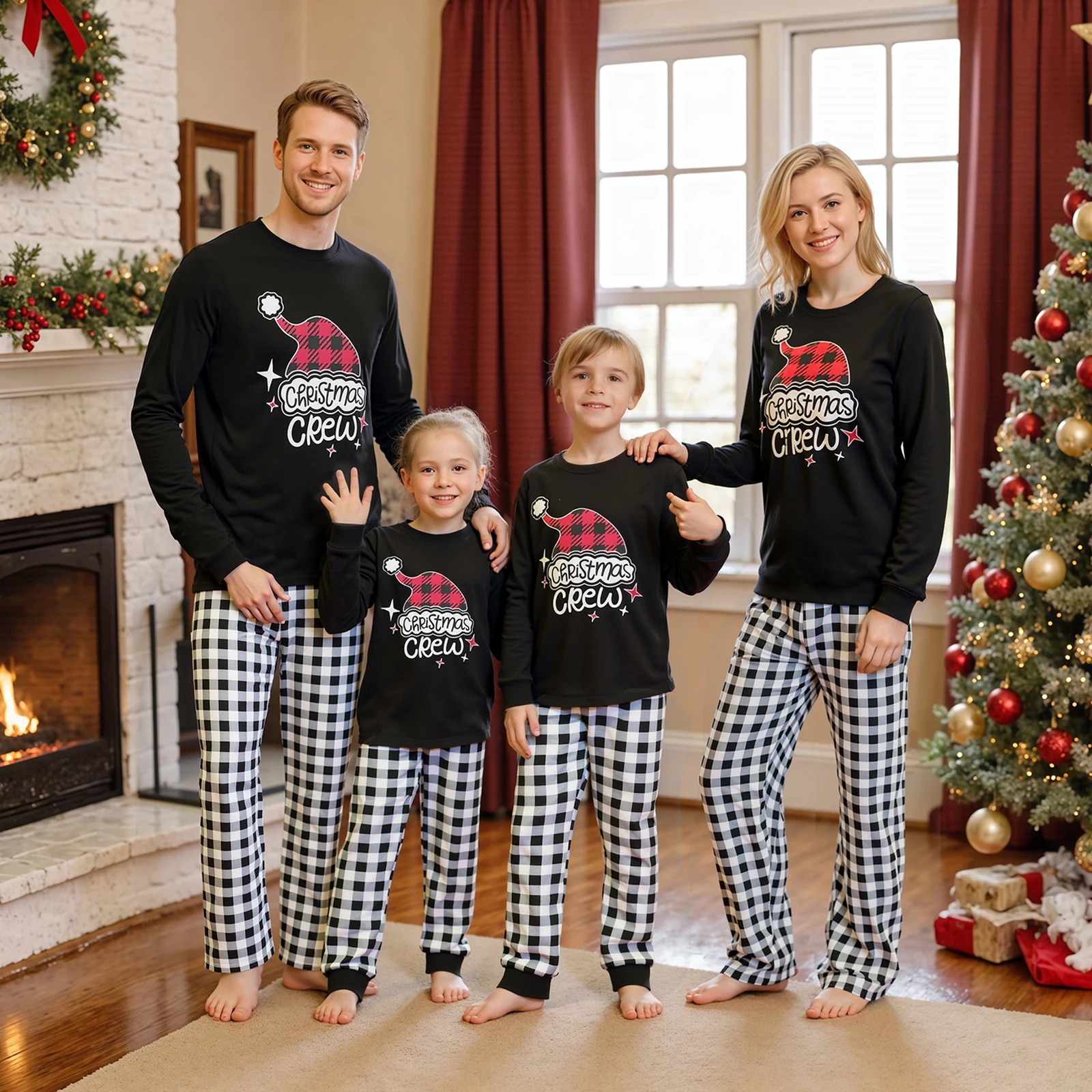

Christmas Pajamas for Family Matching Mom Dad Kids Long Sleeve Santa Hat Print Black T shirts Plaid Pants Set Holiday Sleepwear