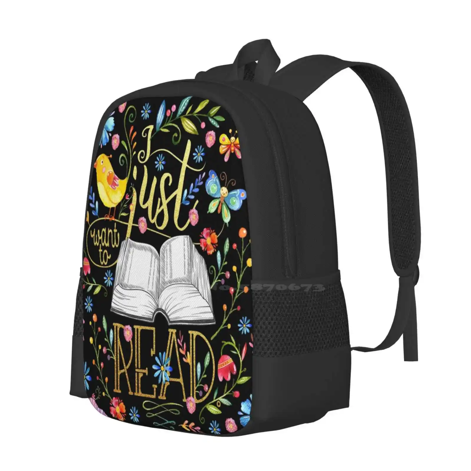 I Just Want To Read - Black Floral Backpack For Student School Laptop Travel Bag Reading Books Bookworm Booknerd Bookish Floral